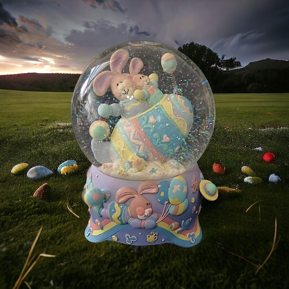 Easter Snow Globe Music Box Musical Bunny VIDEO Pastel Balloons Eggs Vintage 90s